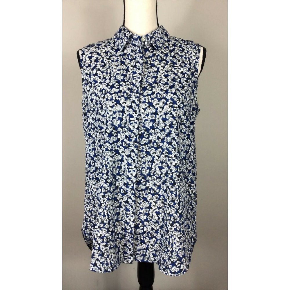 J Crew Homespun Blue Floral Printed Popover Sleeveless Button Blouse 8